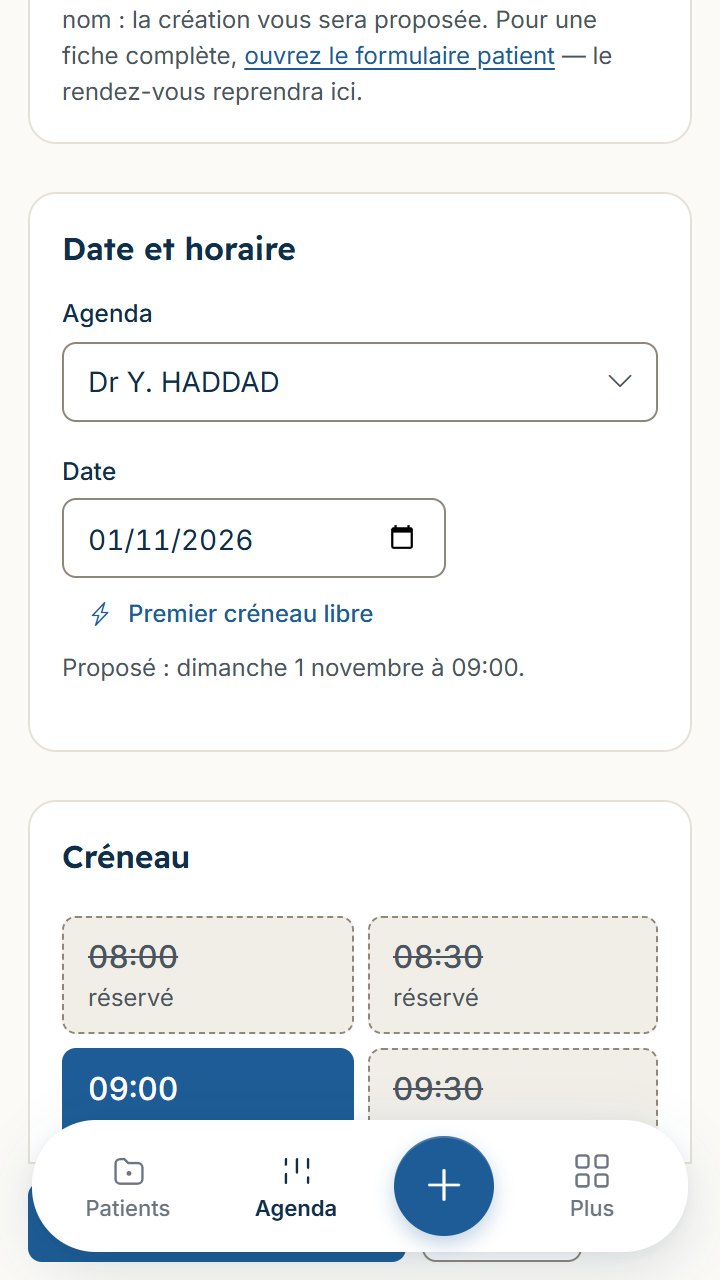 Nouveau rendez-vous dans l'agenda du Dr Haddad : Premier créneau libre propose dimanche à 09:00 (capture de Kalma, données fictives)